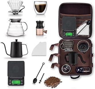 HJB VISSO Coffee Maker Set - 10 Pack V60 Pour Over Drip Coffee Kit With Grinder, Server, Kettle, Filter, Scale & Glass Drip Funnel - Travel Coffee Set in Gift Bag