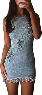 Faretumiya Women Starfish Sequin Mini Dress Square Neck Star Print Knitted Dress Sleeveless Bodydon Tank Dresses Beach Party