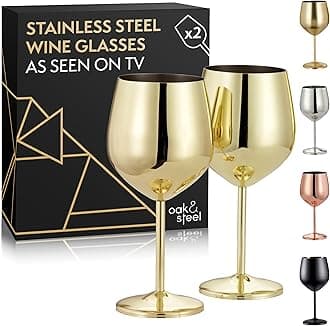 Oak & Steel 2 Gold Wine Glasses (520ml) - Stainless Steel Wine Glasses, Unbreakable Metal Drinking Glasses with Gift Box