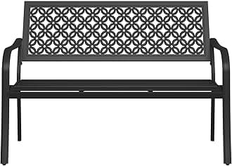 50" Outdoor Bench, Garden Benches with Anti-Rust Metal Powder Coated Frame, Patio Bench for Front Porch Park Outside Furniture Decor, Black