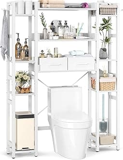 Over The Toilet Storage with 2 Drawers - 11 Tier Bathroom Organizer Freestanding Space Saver Storage Rack with Adjustable Shelf Above Toilet Stand with 4 Hooks for Restroom, Laundry, White