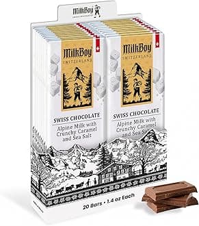 Milk Chocolates - Premium Alpine Milk Chocolate Bars with Crunchy Caramel & Sea Salt - Made in Switzerland - GMO Free - Each 1.4 oz - 20 Pack