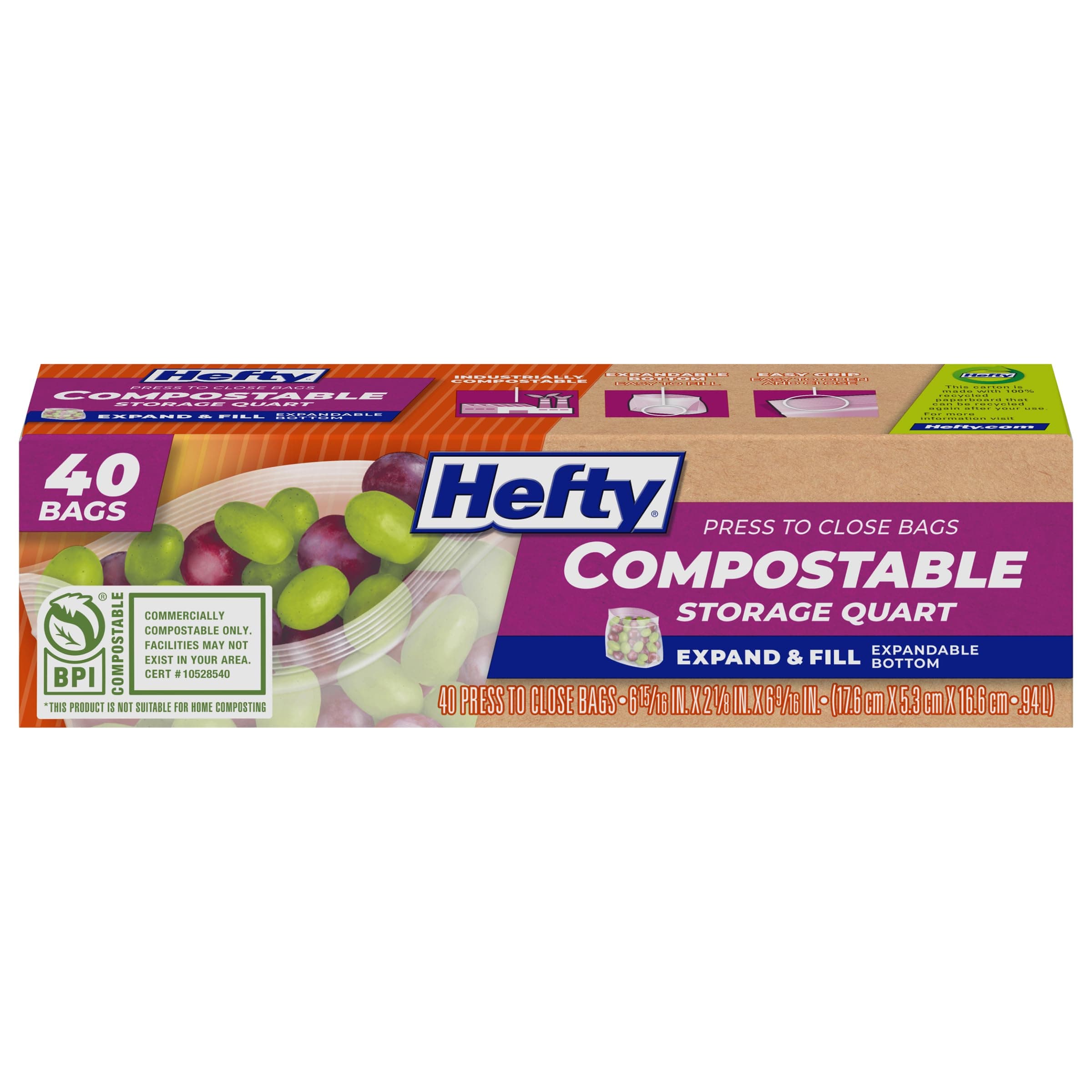 Hefty Compostable Press-To-Close​ Quart 40 Count