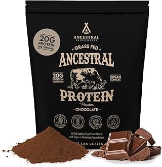 Ancestral Supplements Grass Fed Protein Powder, Chocolate, Beef Bone Broth Based w/Beef Organs & Organic Mushrooms, Gut Health Support, High Protein Supplement, 20g Protein Per Serving, 30 Day Supply