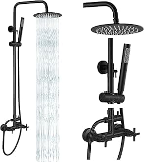 gotonovo Outdoor Shower Fixtures SUS304 Stainless Steel Rain Shower Kit Faucet High Pressure Wall Mount 2 Dual Function 8 Inch Showerhead and Handheld Spray Combo, Double Cross Handle, Matte Black