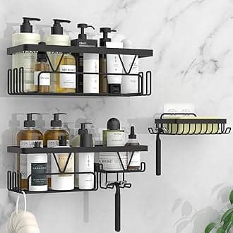 KEGII Shower Caddy, Bathroom Shelf Organiser No Drilling, Adhesive Shower Storage Rack with Soap Razor Holder, Bathroom Accessories, Black, 3 Pack