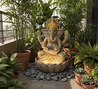 Kamal/Lotus Ganesh Gannpati Fiber Indoor Outdoor Fountain with Led Lights for Home Decor and Office Decoration Or Gifting (Lotus Ganesh Beige)