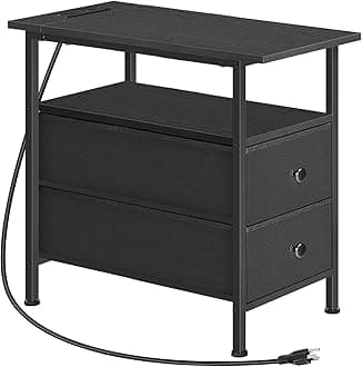 HOOBRO BB486UBZ01 Side Table with Charging Station Slim Side Table Slim Coffee Table for Small Spaces Living Room Bedroom Black