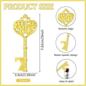 50Pcs 80th Gold Key Bottle Opener 80th Birthday Party Favors,80th Anniversary Souvenirs Return Gifts,Beer Keychain Bottle Openers With Thank You Cards For Party Birthday Wedding Shower Supplies