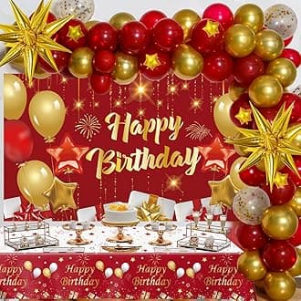 Red and Gold Birthday Decorations for Women Men Girls Boys, 72pcs Red and Gold Party Decorations Happy Birthday Backdrop Burgundy Confetti Star Red Gold Balloon Arch Table Cloth Party Supplies