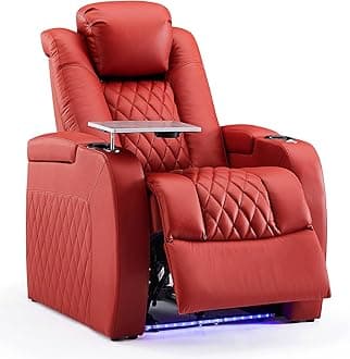 Weilianda Home Theater Seating Top Grain Leather Zero Gravity Recliner Chair Power Headrest Recline Movie Seat Gaming 7 Colors Mood Light Sofa with Tray Table USB Charge Row of 1 Red