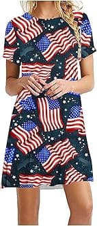 xinxinyuIndependence Day Dress Crewneck Short Sleeve UK Elegant Day Print Dress Modest Dresses for Women Dressy Summer Dresses Mature Woman Birthday Gifts for Women Wife