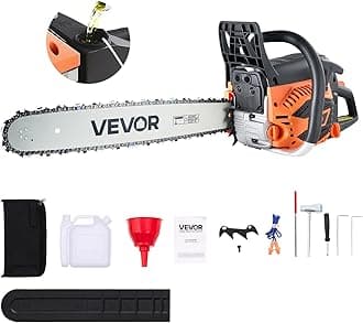 VEVOR 20inch 62CC Gas Powered Chainsaw, 3.8 HP 2 Stroke Engine Gas Power Chainsaws with Non-Slip Handle, Gas Chainsaws with Dual Fuel Tanks, For Wood Cutting, Tree Trimming, and Land Clearing