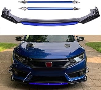 Universal Front Bumper Lip Body Kit, ABS Front Spoiler Black&Red Front Bumper Lip Splitter Body Kit with Red Strut Rods (with Adjustable 10"-13" Support Rods, Black-Blue)