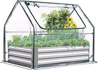 Quictent Raised Garden Bed with Cover Outdoor Galvanized Steel Planter Box Kit with Greenhouse Large Zipper Window Dual Use, 20pcs T-Type Tags & 1 Pair of Gloves Included 4x2.5x1 FT, Clear