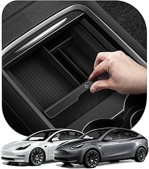 Spigen Center Console Organizer Tray for 2021-2023 Tesla Model 3/Y Interior Accessory Flocked Armrest Hidden Compartment Storage Box with Coin and Sunglasses Holder TO220 ACP04508 (Black)