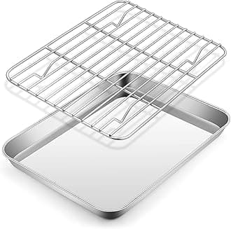 Metal Toaster Oven Tray Set, E-far 10.5”x8.3” Small Stainless Steel Baking Pan with Wire Rack for Cooking Broiling, Rimmed Metal Sheet for Roasting Cooling Cookie Bacon Steak