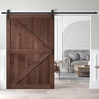 54x84 inch Sliding Barn Wood Door Slab with 9ft Hardware Kit and Handle, Coffee, K Shape, Simple DIY Assembly