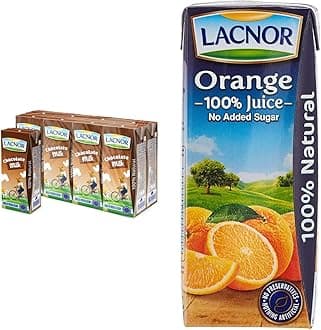 Lacnor Essentials Chocolate Milk, 100% Natural, Rich in Vitamin and Calcium, 28% Reduced Sugar, 180 ML Pack of 8 & Essentials Orange 100% Juice, No Added Sugar, 180 Ml Pack Of 8