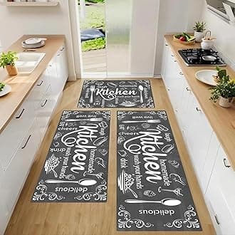 3-Pack Non-Slip Kitchen Rugs - Grey Farmhouse Cushioned Mats, Washable & Stain Resistant Kitchen Mats for Floors, Laundry, Bathroom, Entryway