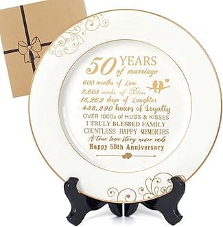 50th Anniversary Plate with 24k Gold Foil - 50 Year Anniversary Wedding Gifts for Couples Parents, Happy Marriage Decorations for Him Her, Ceramic 9"