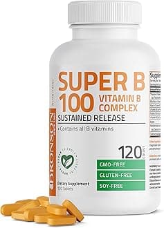 Bronson Super B100 Vitamin B Complex Sustained Release Contains All B Vitamins (Vitamin B1, B2, B3, B6, B9 - Folic Acid, B12), 120 Tablets