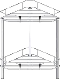 2 Tier Floor Standing Corner Shower Caddy Organizer Shelf with Hooks, Bathroom Shelves Stand Rack, Silver