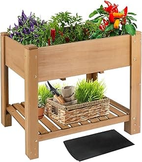 ketiveRaised Garden Bed with Legs - Elevated Wooden Planter Box, Durable Fir Wood, Reinforced Frame with Drainage Holes, Liner, and Storage Shelf for Vegetables, Herbs, Flowers, 33.5" x 18" x 30"