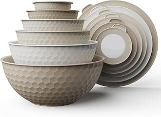 Mixing Bowls with Lids - 12 Piece Plastic Nesting Bowls Set includes 6 Prep Bowls and 6 Lids, Microwave Safe Mixing Bowl Set, Brown Embossed