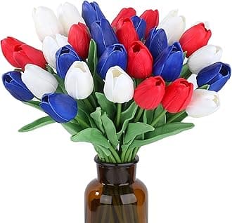 SITUMEIZI 15pcs 4th of July Flowers Tulips Fake Artificial Flowers PU 14" Patriotc Flower for Independence Day Home Decor Kitchen Floral Arrangements Table Centerpieces(Mix,3)