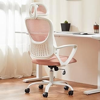 SweetcrispyOffice Computer Desk Chair, Ergonomic High-Back Mesh Rolling Work Chairs with Wheels and Adjustable Headrests, Comfortable Lumbar Support, Comfy Armrest for Home, Bedroom, Study, Pink
