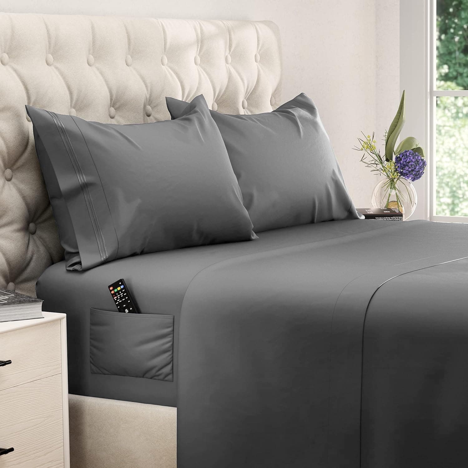 Full Size Sheets - Cooling Bed Sheets - 4pcs Set - up to 15" Deep Pocket Full Sheet Set - Sheets Full Size Bed - Soft & Long Lasting 100% Fine Brushed Polyester with Side Pocket - Dark Gray