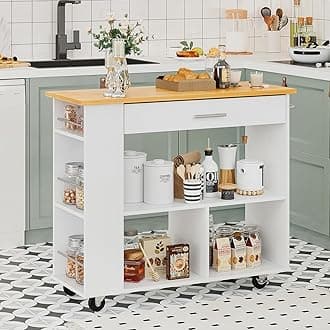 SUNLEI Kitchen Island with Storage Cabinet, Rolling Cart Kitchen Storage Organizer with/3 Side Spice Rack, Lockable Wheels & Towel Handle, 2 Tier Open Shelf for Kitchen(White)