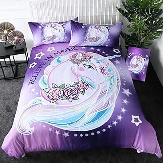 Sleepwish Unicorn Bed Set Purple Aqua Unicorn Bedding Set for Girls Queen Size Kids Rose Unicorn Flower Duvet Cover 3 Piece Dreamy Cartoon Sparkle Lilac Unicorn Bedspread