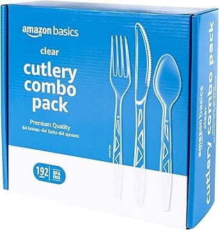 Amazon Basics Disposable Clear Assorted Cutlery Set, Premium Quality, 192 Count, Large Combo Pack Forks, Spoon and Knives