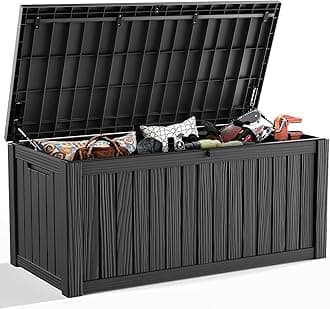 ROJIK 150 Gallon Outdoor Storage Box Waterproof,Weatherproof Deck Boxes Outdoor Lockable,Resin Outside Storage Box for Garden Tools,Cushions,Pool Accessories(Black,150 Gal)