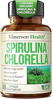 Vimerson Health Spirulina Chlorella Organic Green Superfood Capsules. Source of Iron and Protein, Boosts Energy, Supports Cardiovascular Health. Antioxidant Properties for Detox and Cleanse