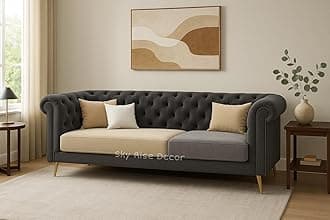 Modern Classic Sofa Couch Fabric & Valvet Tufted Chesterfield Sofa Living Room and Office (Grey & Beige 3 Seater)