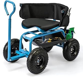 Giantex Rolling Garden Cart, 360 Swivel Workseat with 4 Wheels, Removal Cushion & Tool Tray, Storage Basket, Gardening Wagon Scooter with Adjustable Height, Handle (Blue)