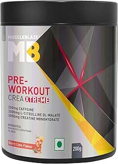 - MuscleBlaze Pre Workout Crea-Xtreme (Berry Lime, 200g, 20 Servings) | 3000 mg Creatine Monohydrate, 200mg Caffeine, 200mg Theanine, 2000mg Beta Alanine