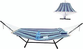 GOCANQuilted Fabric Double Hammock Won't flip with Stand and Spreader Bars,Safer and Sturdier,Quality Hammocks for Outdoor Indoor Patio Yard Blue