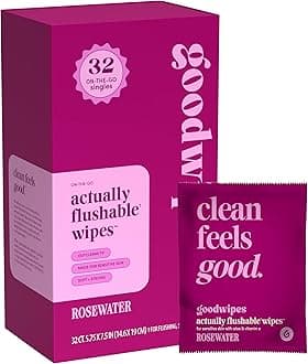 Goodwipes Flushable Wipes – Made with Vitamin E & Aloe – Soft, Individually Wrapped Butt & Feminine Cloths for On-the-Go & Travel Use – Largest Adult Toilet Towelettes – Rosewater, 1 pack, 32 count