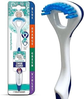 Dual Action Tongue Scraper (1 Pack), 2-in-1 Tongue Scraper & Soft Bristled Brush, Deep Cleans & Fights Bad Breath - Color Varies