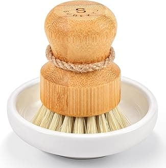 SUBEKYU Bamboo Dish Scrub Brush for Kitchen Sink, Natural Wooden Washing Dish Brush Scrubber with Sisal Bristles for Household Cleaning, Cast Iron Pots, Pans and Vegetables