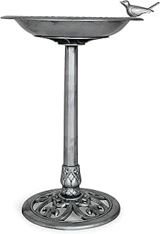Outdoor Garden Bird Bath - Silver - Weather Resistant Polyresin - 30 Inch - Backyard Expressions