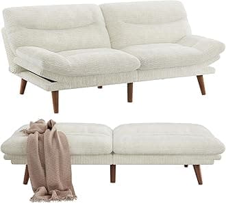Pipishell Futon Sofa Bed, 73" Convertible Futon Couch, Adjustable Backrest & Armrests, Corduroy Recliner Sleeper Couch for Small Spaces, Living Room, Office, Guest Room (White, 73 Inch)