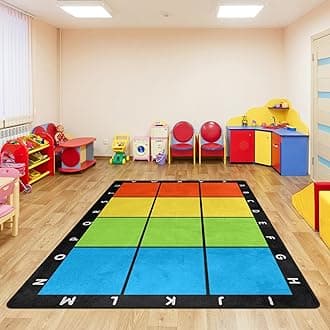 Classroom Carpets Playmat Rugs - 6x9 Ft Kids Rug with Rubber Backing, Colorful Squares with Letters Classroom Seating Rug Play Mat Nursery Rugs for Preschool Elementary Playroom -12 Seating