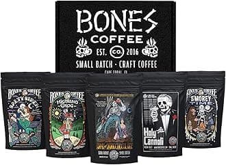 Bones Coffee Company NEW Favorite Flavors Sample Pack, Assorted Flavored Coffee Medium Roast Arabica Beans Specialty Coffee Gifts, Auto Drip and French Press Compatible, 4 oz Pack of 5 Whole Bean
