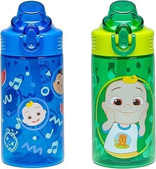 CoComelon Sage Kids Water Bottle For School or Travel, 16oz Durable Plastic Water Bottle With Straw, Handle, and Leak-Proof, Pop-Up Spout Cover, 2-Pack Set (JJ & Cody)