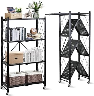 SKY-TOUCH Foldable Storage Organizer 4 Tier, Storage Shelves Kitchen Cabinet Storage Rack, Shelf Storage Multipurpose Rack for Living Room Bedroom Kitchen Garage Black